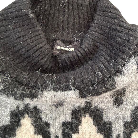 MONROW Mock Neck Fair Isle Pullover Sweater Black White Gray Wool Alpaca Blend S - Picture 5 of 11